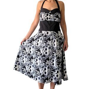 Sugar Skulls Roses Black White Blue Halter Dress Retro Rockabilly Style